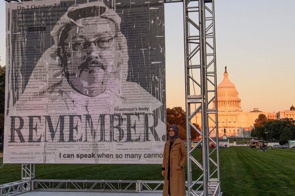 Jamal Khashoggi’s fiancée Hatice Cengiz unveiled a portrait of the slain journalist on the National Mall in Washington, DC, on Friday. Photo: AFP