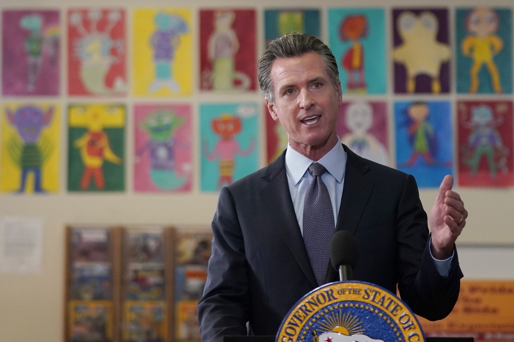 California Governor Gavin Newsom speaks at a news conference at James Denman Middle School in San Francisco on Friday. Photo: AP