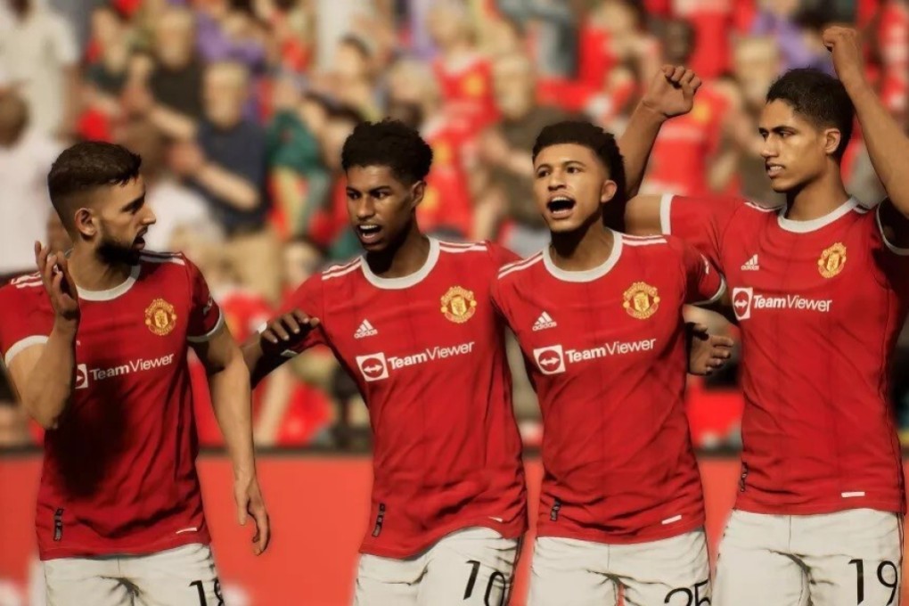 Manchester United players Bruno Fernandes, Marcus Rashford, Jadon Sancho and Raphael Varane pictured in the Konami video game eFootball 2022. Image: Konami