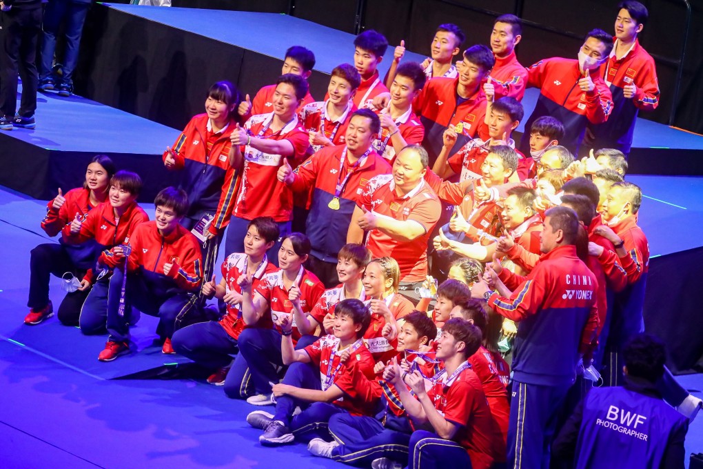 China celebrates on the podium after winning the BWF 2021 Sudirman Cup in Vantaa, Finland. Photo: EPA