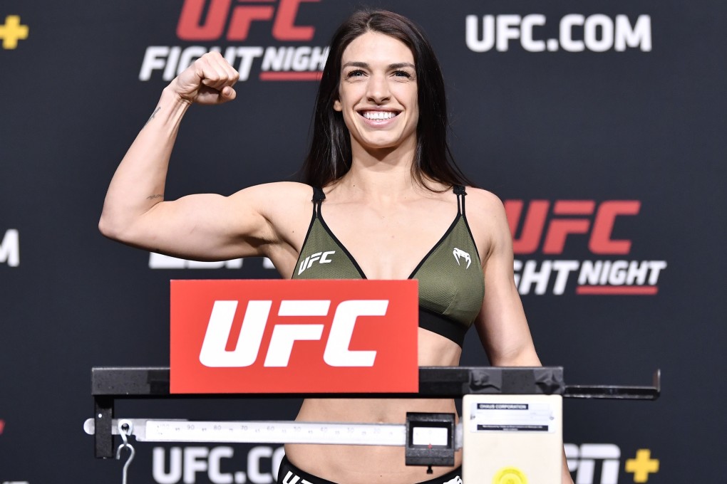 Mackenzie Dern poses on the scale during the UFC on ABC 2 weigh-in on April 9, 2021 in Las Vegas, Nevada. Photos: Chris Unger/Zuffa LLC