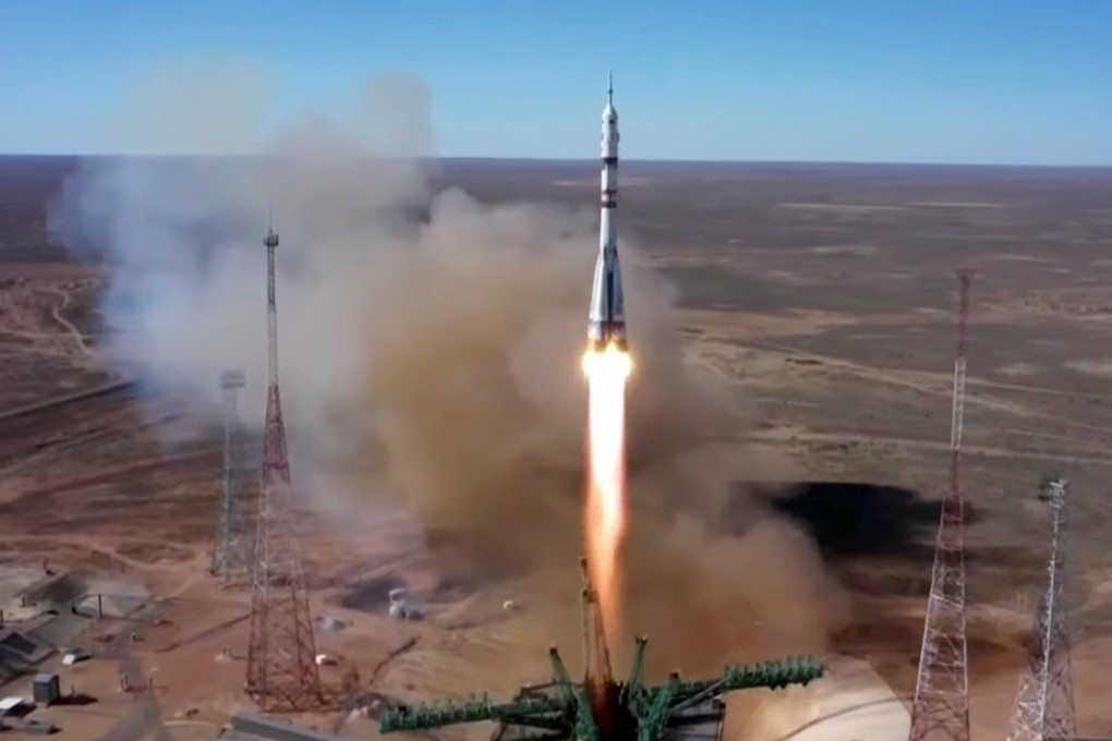 The Soyuz MS-19 spacecraft carrying a crew formed of Russian cosmonaut Anton Shkaplerov, film director Klim Shipenko and actress Yulia Peresild, blasts off to the International Space Station on Tuesday. Photo: Roscosmos/Handout via Reuters