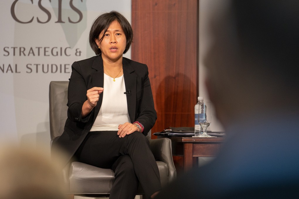US Trade Representative Katherine Tai speaking about China policy on Monday. Photo: Bloomberg