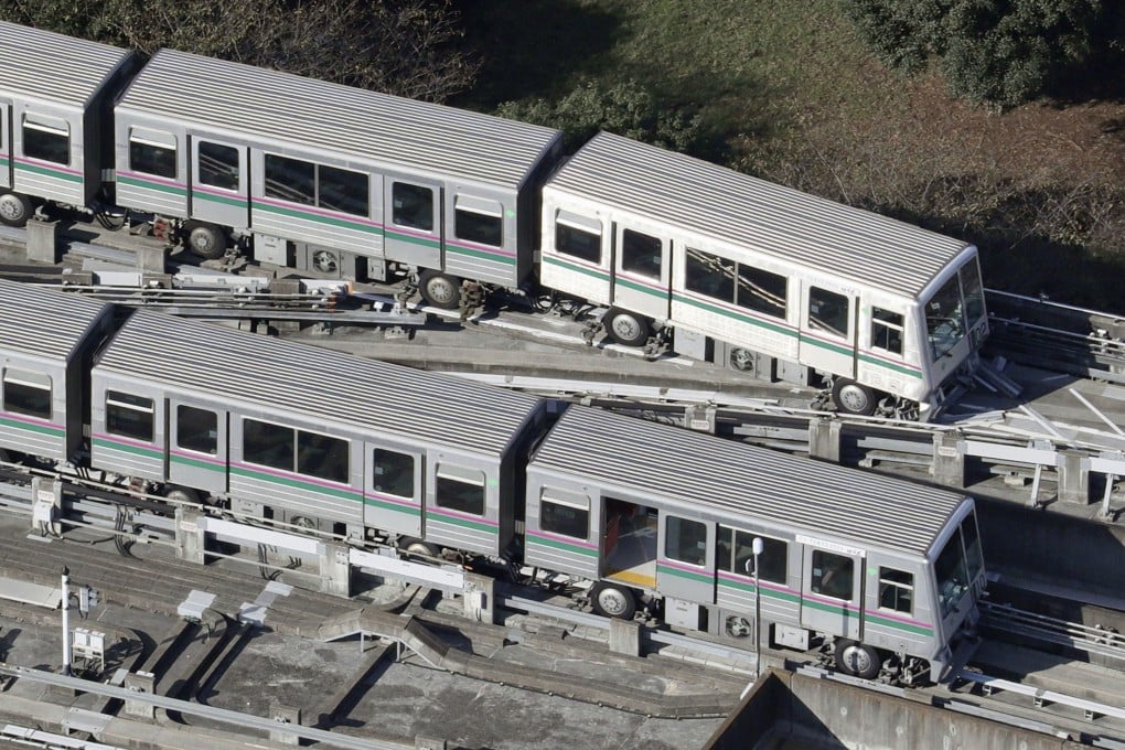 A Nippori-Toneri Liner train that derailed slightly in Tokyo's Adachi Ward after a magnitude-5.9 earthquake jolted the Tokyo region on Thursday night. Photo: Kyodo