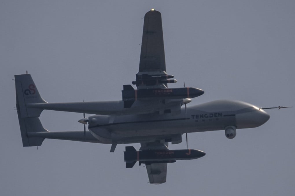 A Tengden TB-001 twin-tailed scorpion drone performs at the 13th China International Aviation and Aerospace Exhibition in Zhuhai on September 28, 2021. China has been urged to tap into its booming drone-tech industry to advance its submarine-detection capability. Photo: EPA-EFE