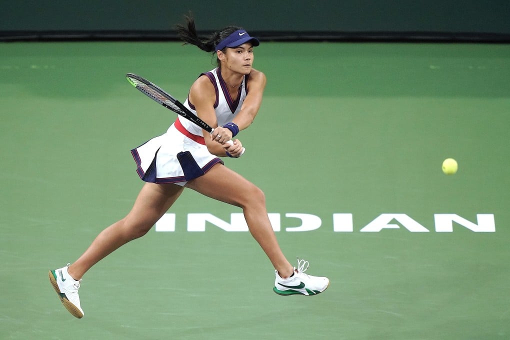 Emma Raducanu returns a shot to Alaksandra Sasnovich at the BNP Paribas Open tennis tournament at Indian Wells. Photo: AP