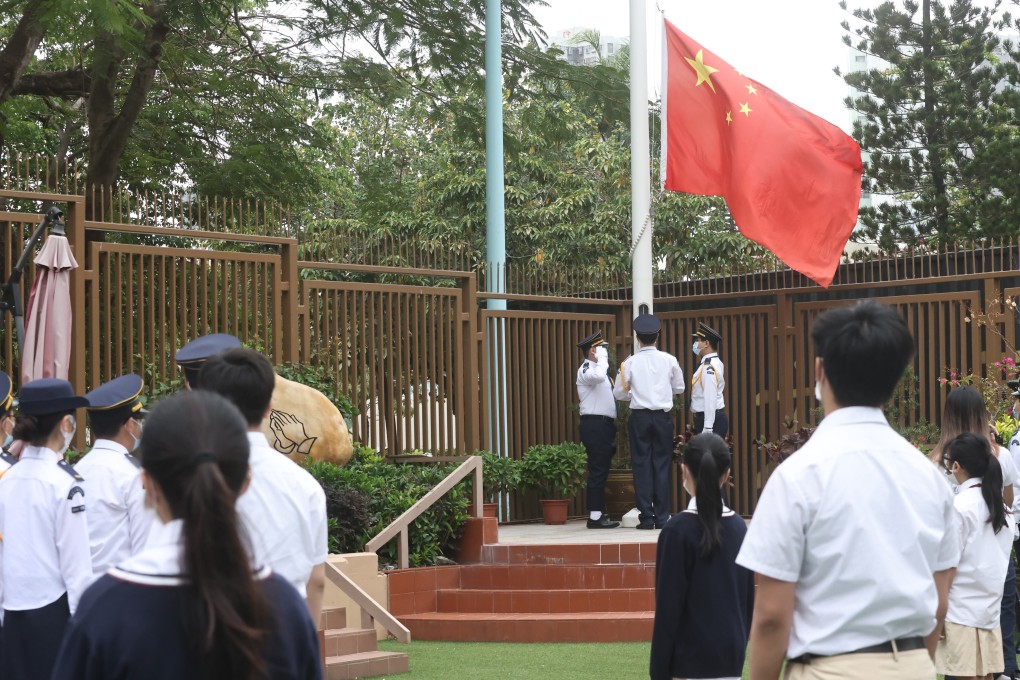 A flag-raising ceremony under way at Gertrude Simon Lutheran College in Yuen Long. Photo: K. Y. Cheng