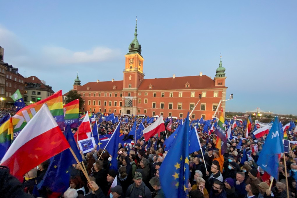 People take part in a rally in support of Poland’s membership in the European Union in Warsaw, Poland on Saturday. Photo: Reuters