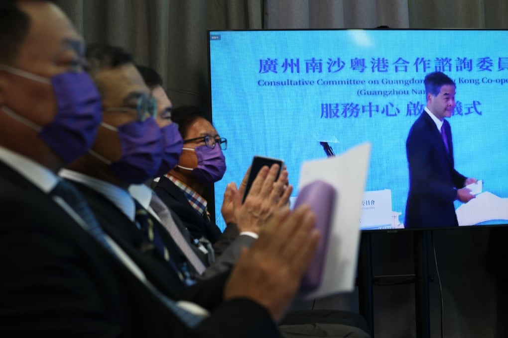 Former city leader Leung Chun-ying officiates via live stream at the opening ceremony of a new commercial service centre in Guangdong. Photo: Nora Tam