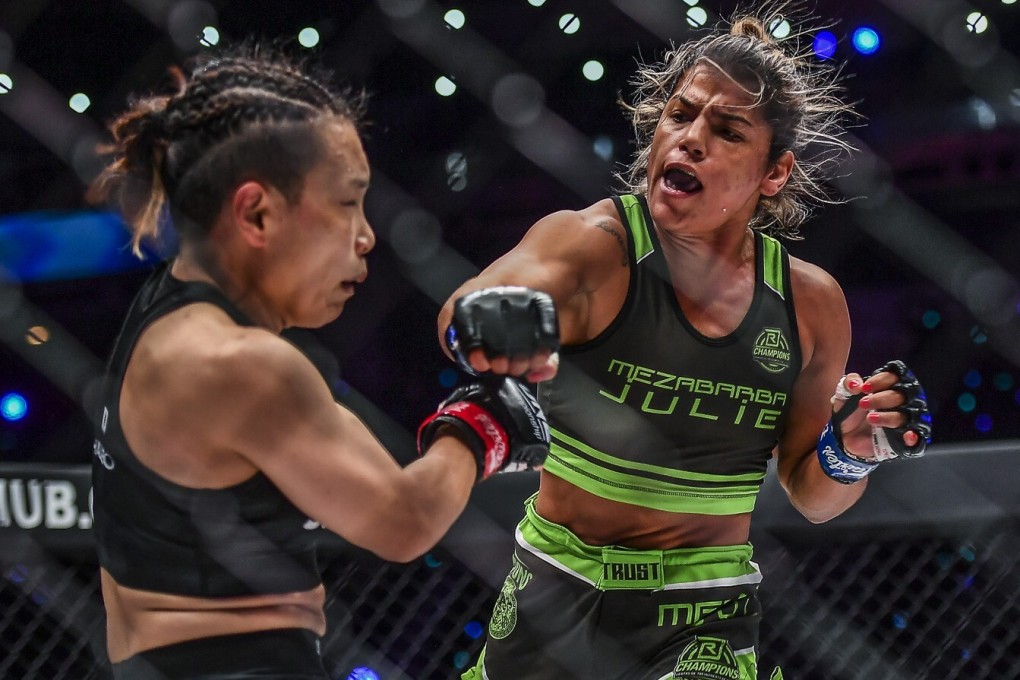 Julie Mezabarba lands a punch on Mei Yamaguchi during their ONE atomweight grand prix alternate bout. Photos: ONE Championship