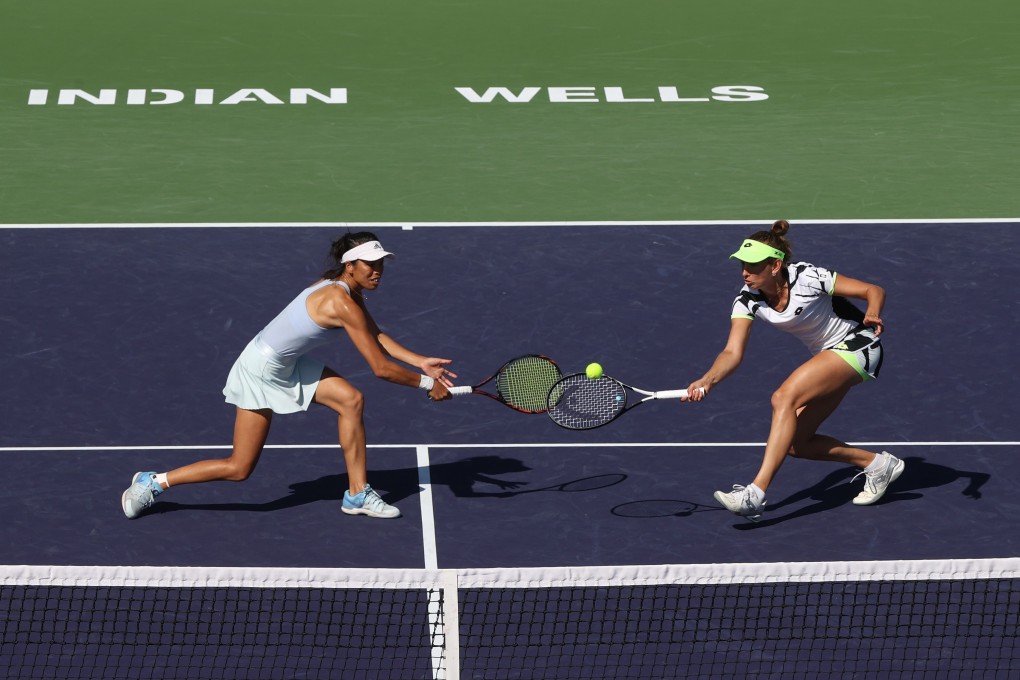 Hsieh Su-wei of Taiwan and Elise Mertens of Belgium in action against Bethanie Mattek-Sands of the US and Iga Swiatek of Poland during the 2021 BNP Paribas Open at Indian Wells. Photo: AFP