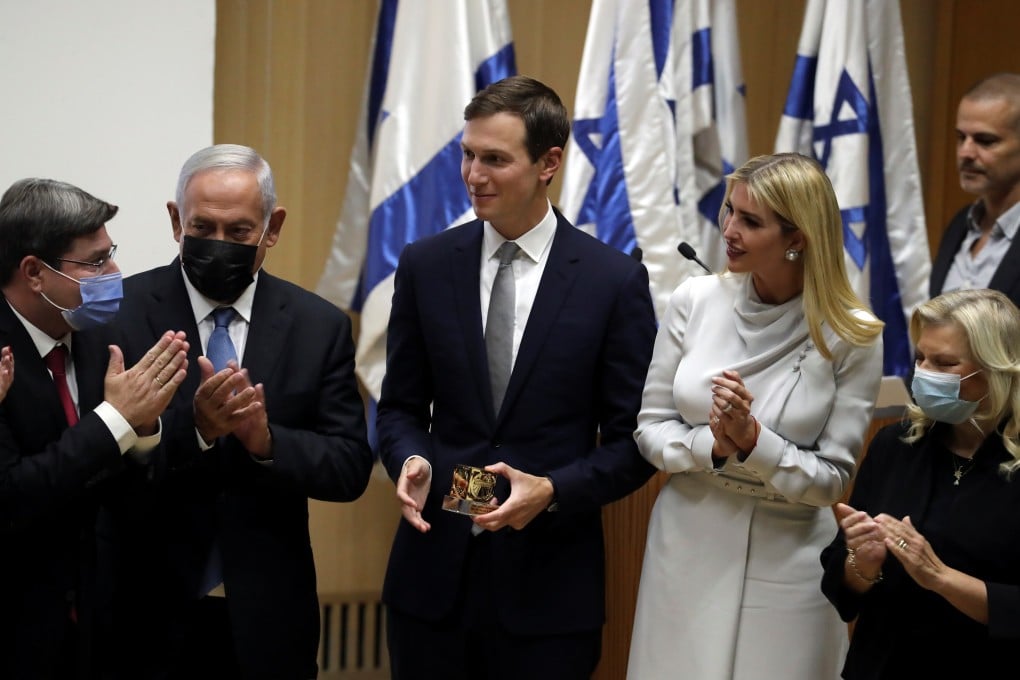 From left, Knesset Member Ofir Akunis, Benjamin Netanyahu, Jared Kushner, Ivanka Trump and Netanyahu’s wife Sara at the inaugural event of the Abraham Accords Caucus in the Knesset, Jerusalem on Monday. Photo: Reuters