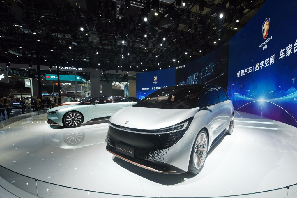 Evergrande Auto’s Hengchi models on display at the Shanghai Auto Show in April, 2021. Photo: Barcroft Media via Getty Images