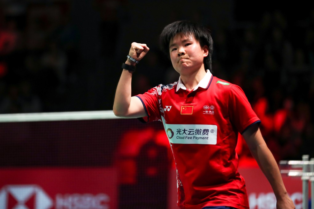 He Bingjiao of China reacts in the women's singles match against Line Christophersen of Denmark during a group D match between China and Denmark at the 2020 Uber Cup in Aarhus, Denmark. Photo: Xinhua