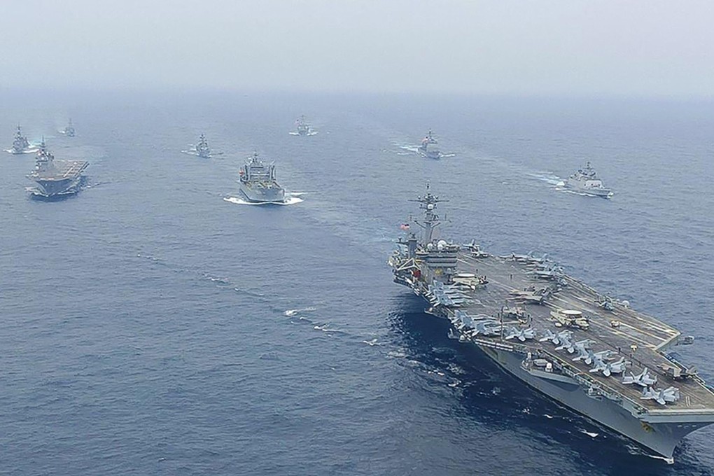 Naval vessels take part in the second phase of the Malabar naval exercise in which India, Australia, Japan and the US are taking part in the Bay of Bengal in the Indian Ocean. Photo: AFP