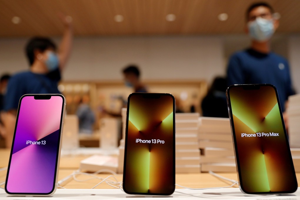Apple's iPhone 13 models pictured at an Apple Store on the day the new smartphone series goes on sale in Beijing on September 24. Photo: Reuters