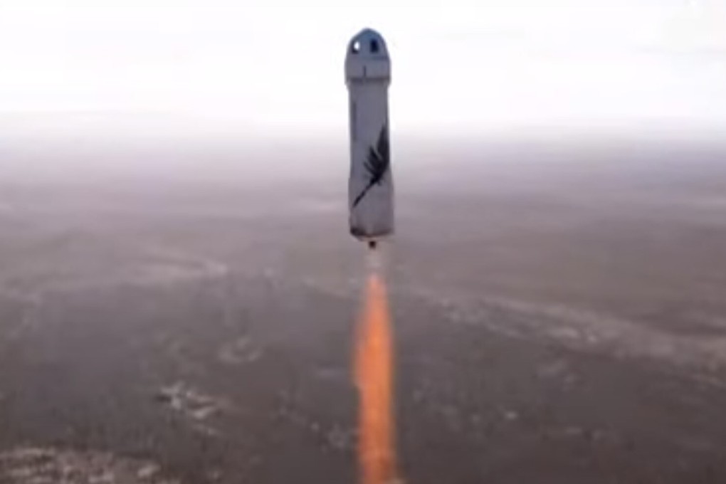 Blue Origin’s New Shepard rocket blasts off on Wednesday. Photo: Blue Origin via YouTube