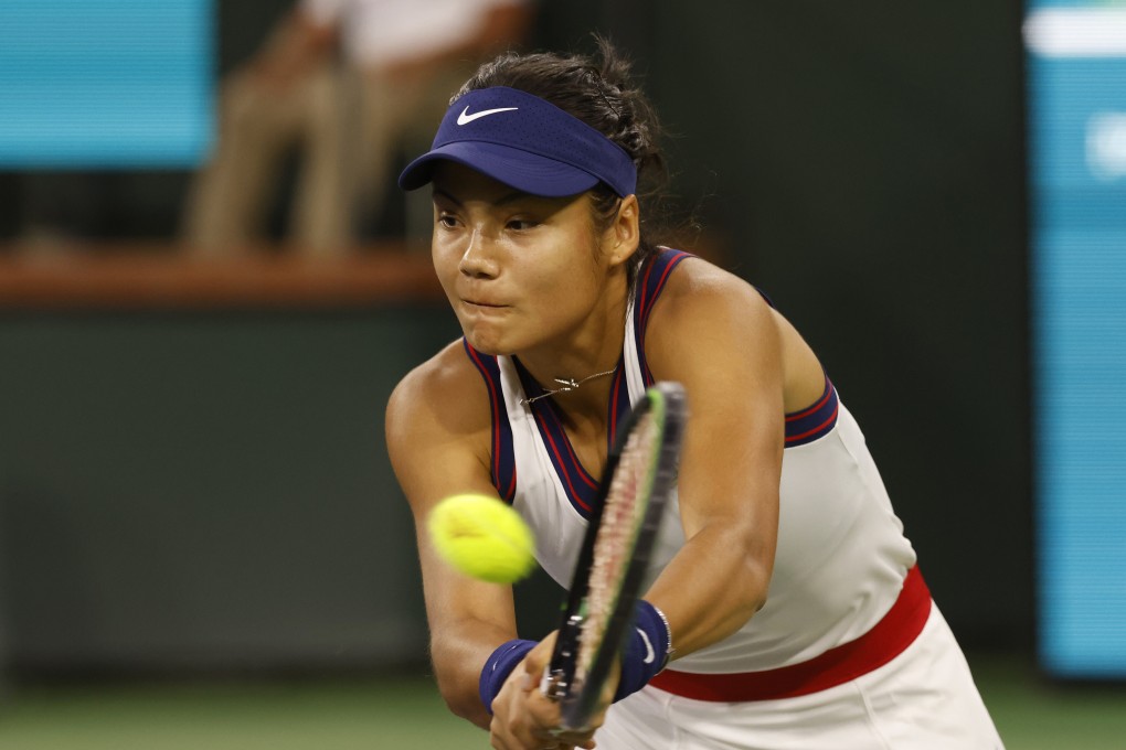 British tennis player Emma Raducanu returns a shot to Belarus' Alaksandra Sasnovich during the BNP Paribas Open Tennis Tournament at Indian Wells. Photo: DPA