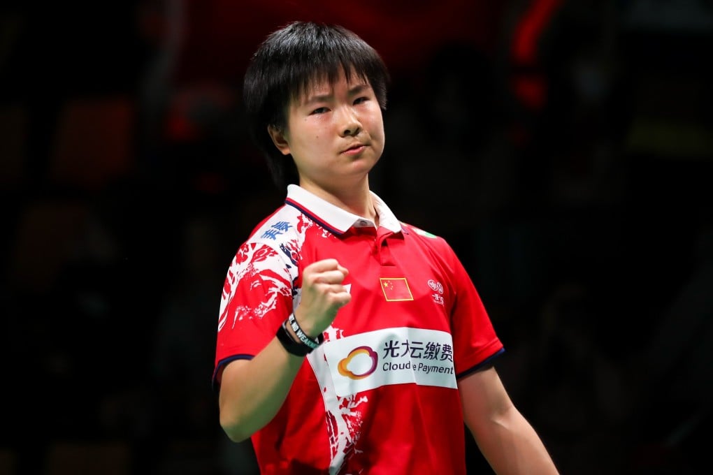 He Bingjiao of China reacts during the women's singles match against Pornpawee Chochuwong of Thailand during their Uber Cup semi-final match. Photo: Xinhua