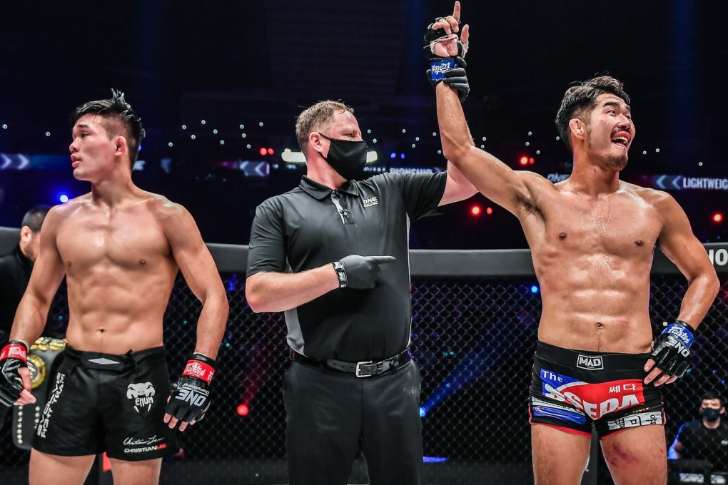 Ok Rae-yoon’s arm is raised after his unanimous decision win against Christian Lee. Photo: ONE Championship