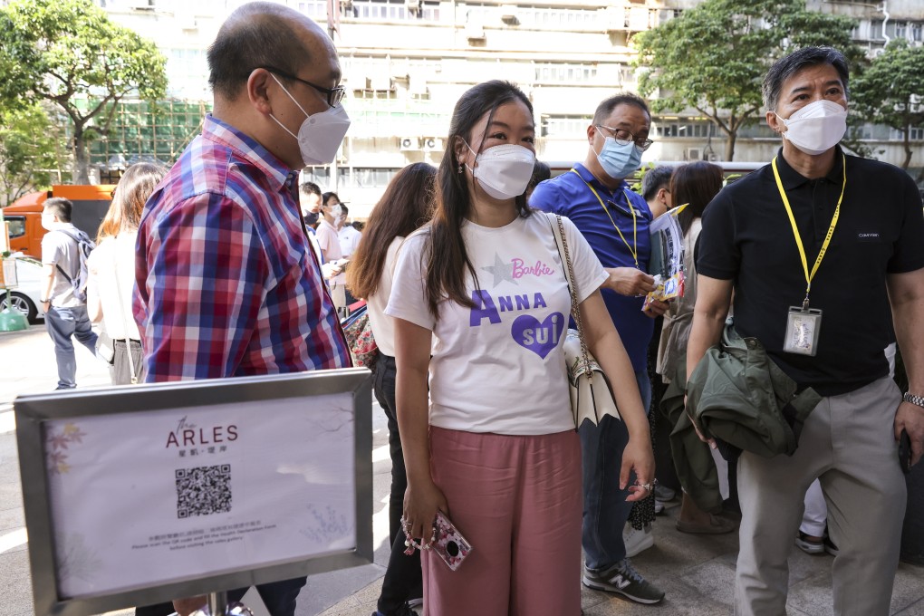 Buyers queueing up for the sale of The Arles apartments in Sha Tin at Centralcon Properties’ sales office at Kowloon Bay on 16 October 2021. Photo: May Tse