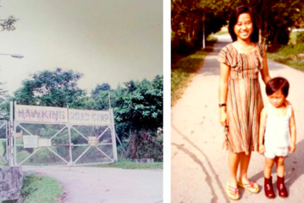 The gates of the Vietnamese refugee camp on Singapore's Hawkins Road while it was still operational and Lea Tran seen during her time there. Photo: Handout