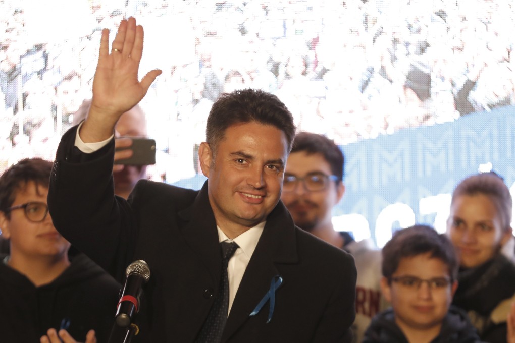 Conservative independent candidate Peter Marki-Zay in Budapest, Hungary on Sunday. Photo: AP