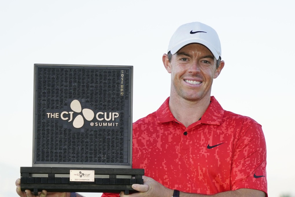Rory McIlroy of Northern Ireland celebrates after winning the CJ Cup golf tournament at the Summit Club in Las Vegas, Nevada, on Oct. 17, 2021. (Kyodo) ==Kyodo
