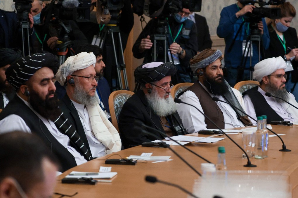 Members of the Taliban delegation, including deputy prime minister Abdul Salam Hanafi (2L), attend an international conference on Afghanistan in Moscow on October 20. Photo: AFP
