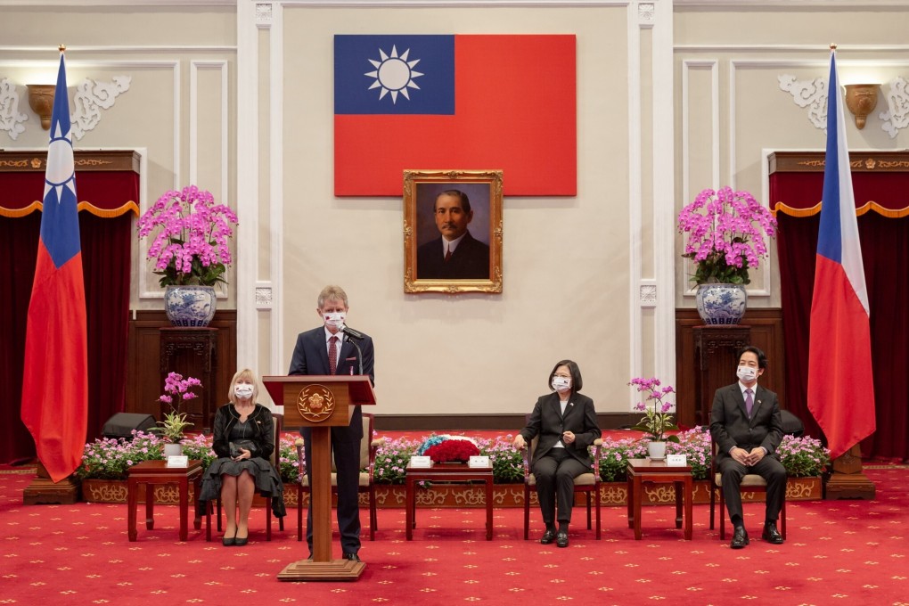 Milos Vystrcil, the Czech Republic senate’s president (left), angered Beijing by visiting Taiwanese President Tsai Ing-wen (centre) last year. Photo: EPA-EFE