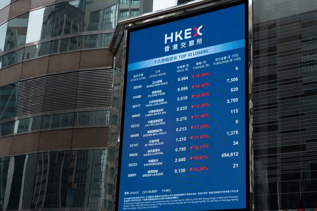 An electronic board displaying various stock prices at the Exchange Square in Central, Hong Kong on October 21. Photo: AFP