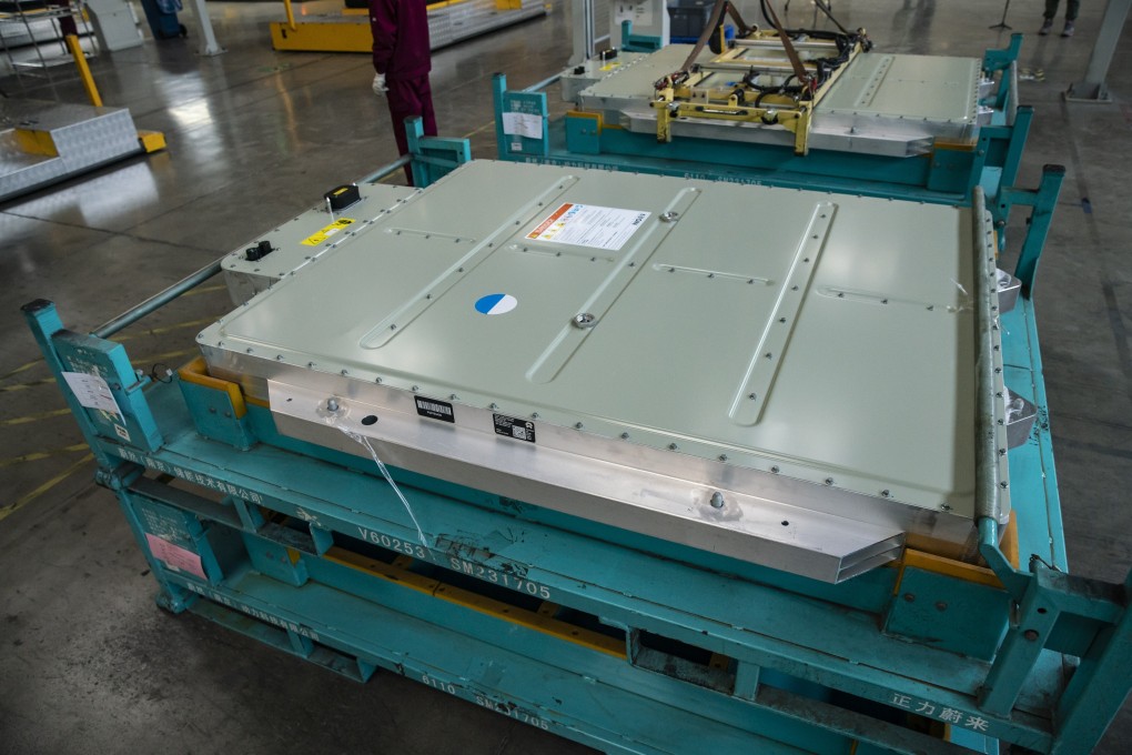 A NIO vehicle battery pack on a pallet at the company’s production facility in Hefei, Anhui province, China. Photo: Bloomberg