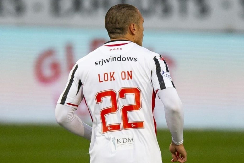 Footballer Leon Jones displays his Chinese name “Lok On” during a match with Scottish club Dunfermline. Photo: Handout