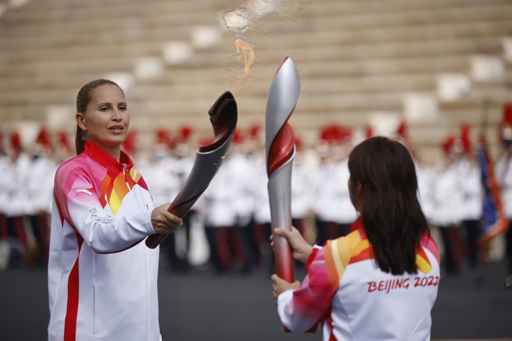 The flame handover ceremony in Athens for the Beijing 2022 Winter Olympics. Photo: Reuters