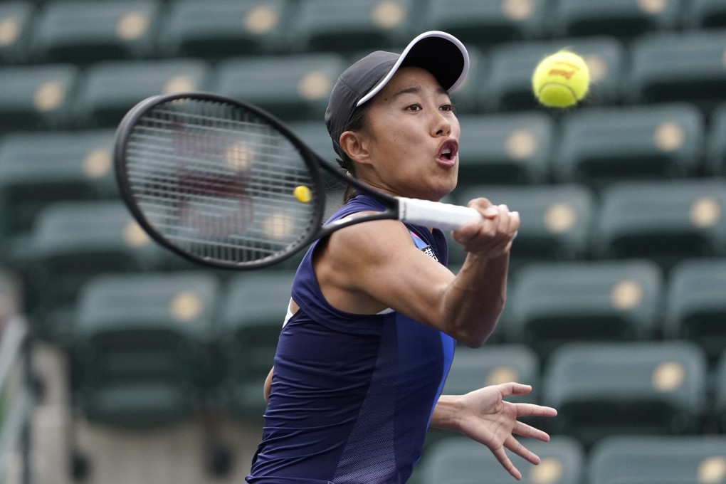 China’s Zhang Shuai returns to Marta Kostyuk of Ukraine at the 2021 BNP Paribas Open tennis tournament at Indian Wells. Photo: AP