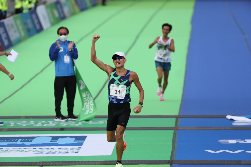 Wong Kai-lok, who was told by doctors that he should not run any more, wins the 2021 Hong Kong Marathon at the first time of asking. Photo: Nora Tam