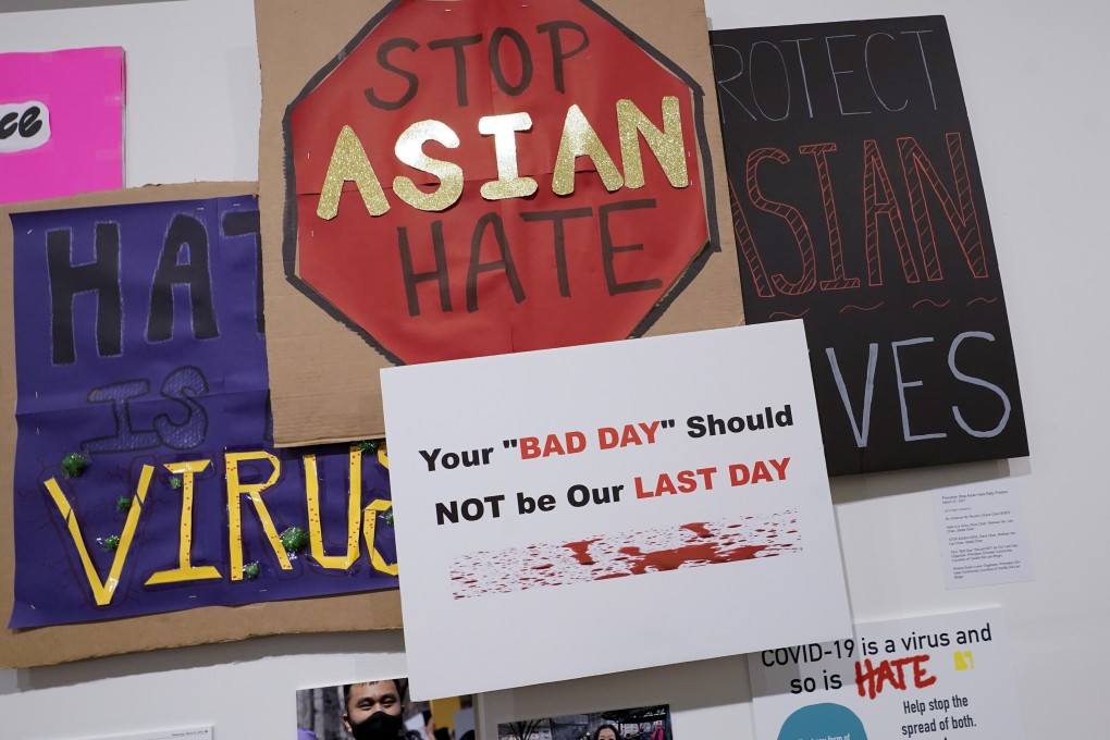Signs used during anti-Asian hate protests on display at the Museum of Chinese in America in New York. Photo: AP