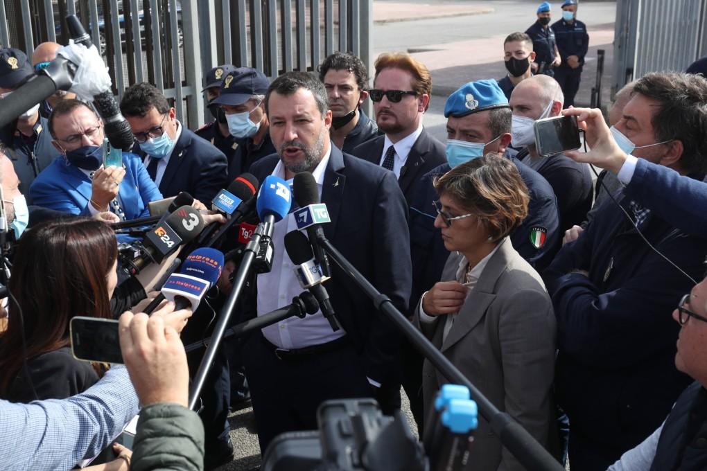Matteo Salvini, centre, in front of the Pagliarelli prison after a hearing on the Open Arms trial in Palermo, Sicily, southern Italy on Saturday. Photo: EPA-EFE