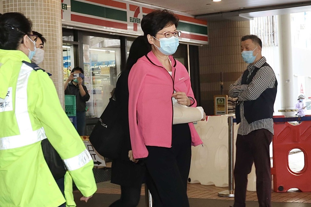 Chief Executive Carrie Lam leaves Queen Mary Hospital on Tuesday after being treated for a fractured elbow. Photo: Handout