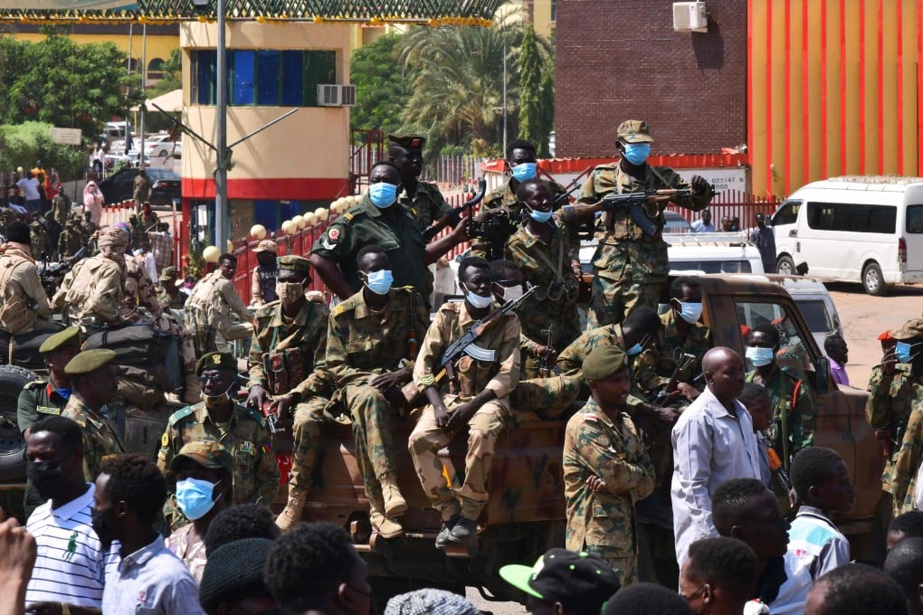 Sudanese security forces in the city of Omdurman during protests against the military coup on Monday. Photo: AFP