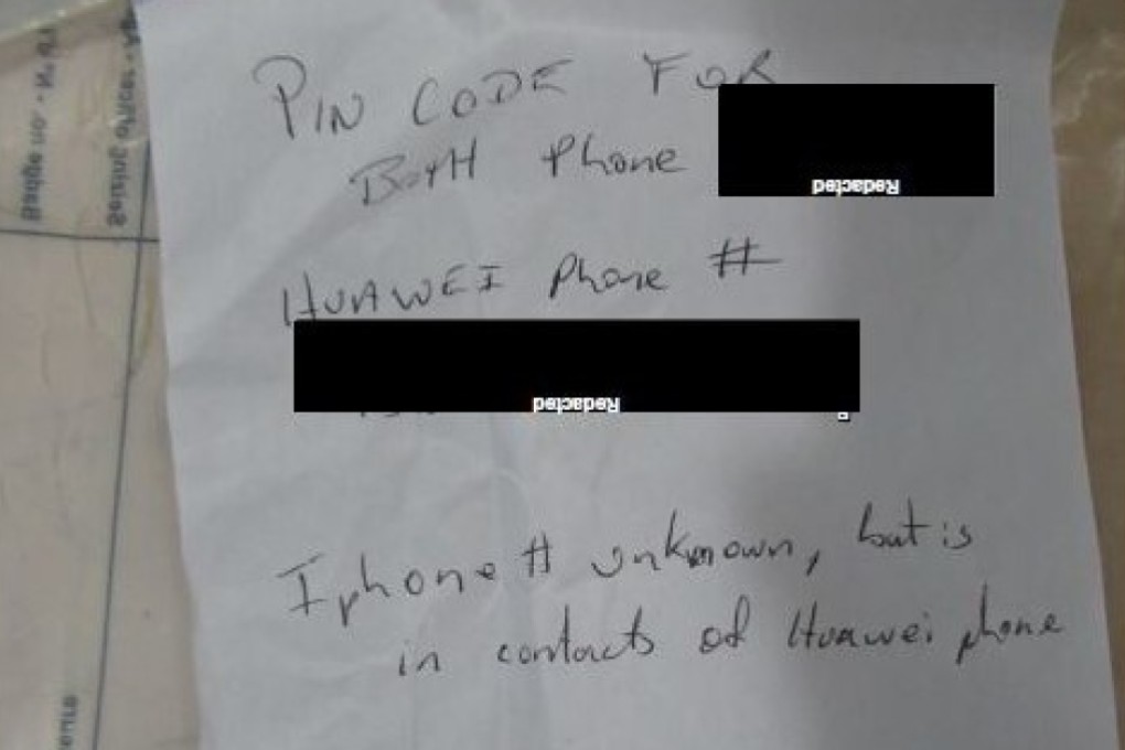 This is the handwritten note of Meng Wanzhou's phone passcodes, that was handed by Canadian border officer Scott Kirkland to Canadian police on the day of her arrest, in breach of privacy laws. Photo: Supreme Court of British Columbia