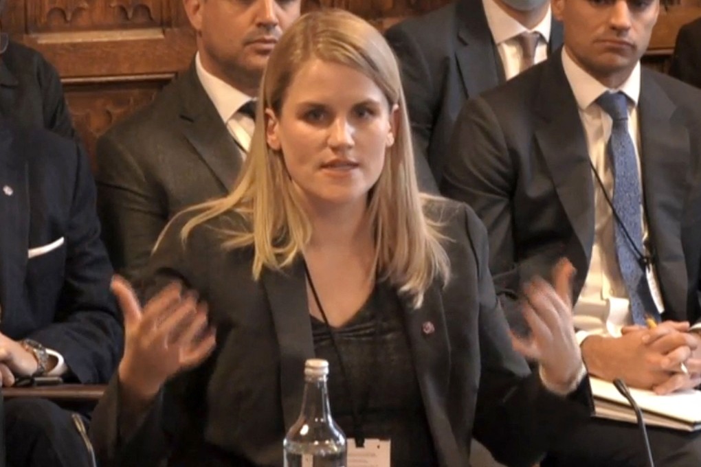 Frances Haugen appears before a parliamentary committee scrutinising the British government’s draft legislation to crack down on harmful online content. Photo: PRU via AFP