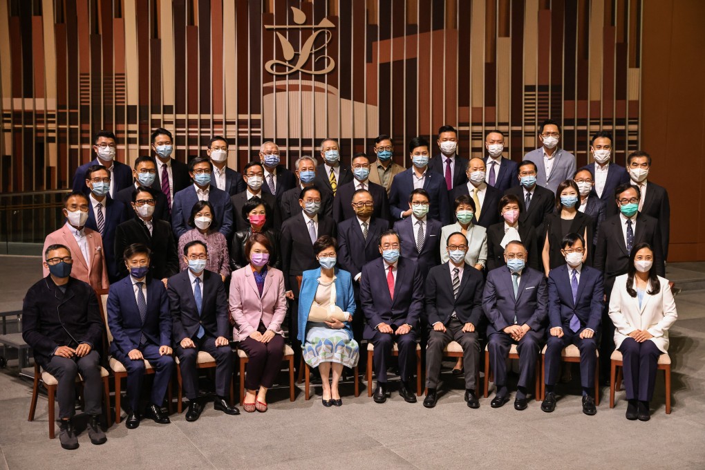 Members of Legco are seen with Chief Executive Carrie Lam Cheng Yuet-ngor following the end-of-term dinner at Legco Chamber on Monday. Photo: K. Y. Cheng