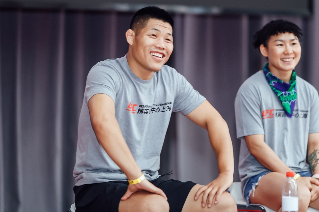 UFC athletes Li Jingliang and Yan Xiaonan at a Q&A session during the UFC Fan Experience Shanghai at UFC Performance Institute Shanghai on July 11, 2021. Photo: Zuffa LLC