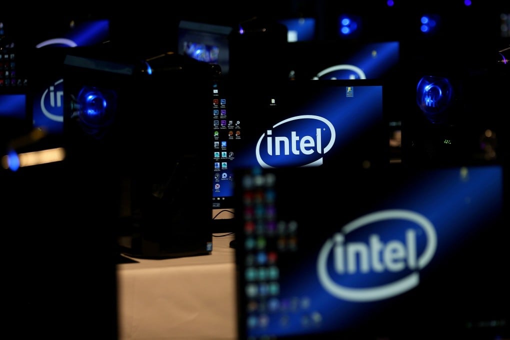 The Intel logo displayed on computer screens at SIGGRAPH 2017 in Los Angeles, California, on July 31, 2017. Photo: Reuters