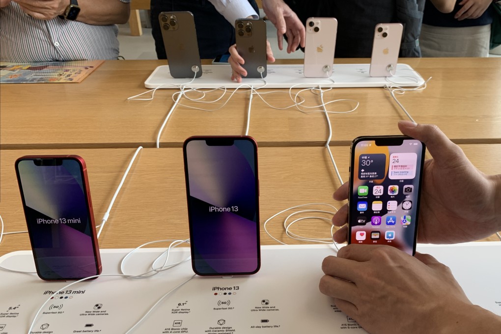 The new iPhone 13 line is displayed inside the Apple Store at IFC Mall in Central on September 24, 2021. Apple’s flagship device continued to drive the company’s sales in Greater China, despite supply chain constraints. Photo: May Tse