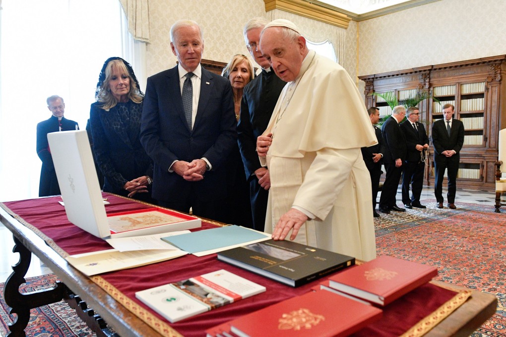 Pope Francis (right) meets US President Joe Biden and first lady Jill Biden at the Vatican on Friday. Photo: Vatican Media/Reuters