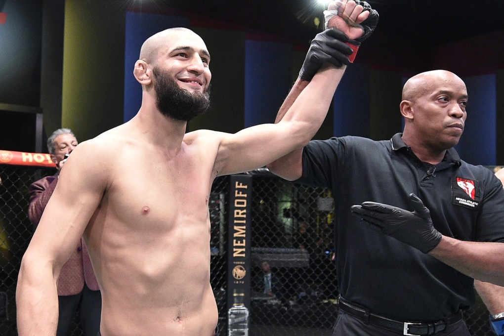 Khamzat Chimaev celebrates after knocking out Gerald Meerschaert in their middleweight bout in Las Vegas. Photo: Chris Unger/Zuffa LLC