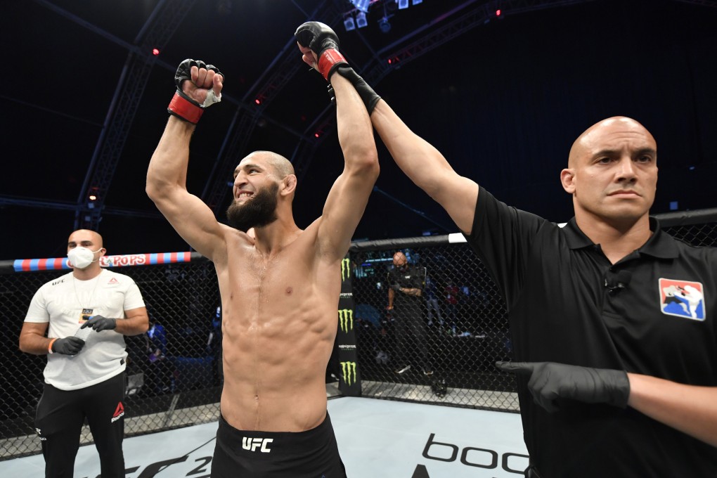 Khamzat Chimaev celebrates after a TKO victory over Rhys McKee in their welterweight fight in Abu Dhabi. Photo: Jeff Bottari/Zuffa LLC