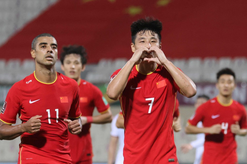 China's forward Wu Lei (No 7) celebrates after scoring during the Fifa World Cup Qatar 2022 Asian Qualifiers win over Vietnam, at the Sharjah Football Stadium in the UAE on October 7, 2021. Photo: AFP